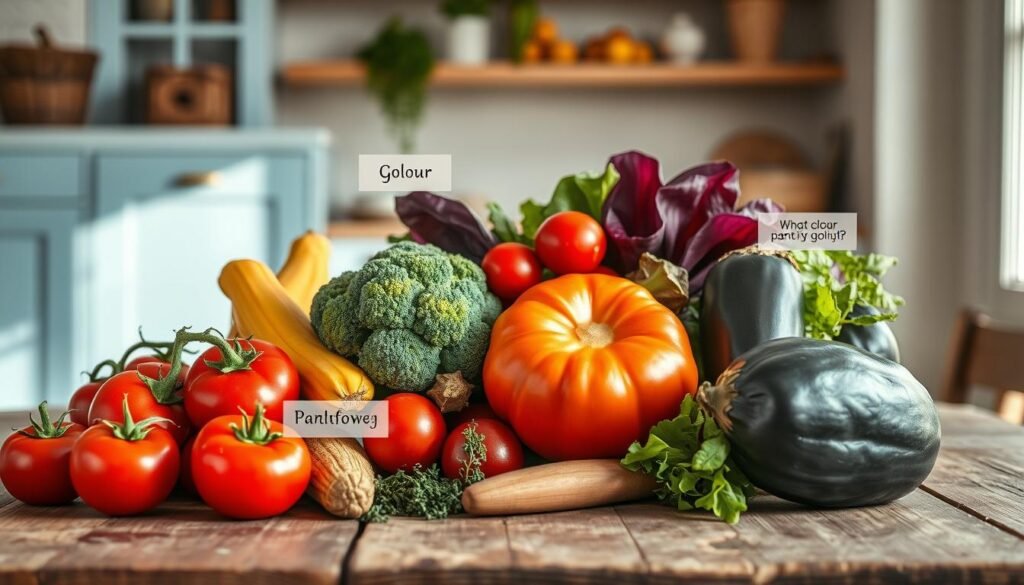 A vibrant still life in a cozy, minimal kitchen with light blue accents and natural wooden textures. An assortment of freshly harvested rainbow-hued vegetables - ruby-red tomatoes, emerald-green broccoli, golden squash, and deep-purple eggplant - are artfully arranged on a rustic wooden table, bathed in soft, natural light. The vegetables are accompanied by informative labels highlighting their unique nutritional benefits, inviting the viewer to appreciate the power of color in a balanced, plant-based diet. The scene conveys a sense of wholesome abundance and a celebration of the bounty of the earth.