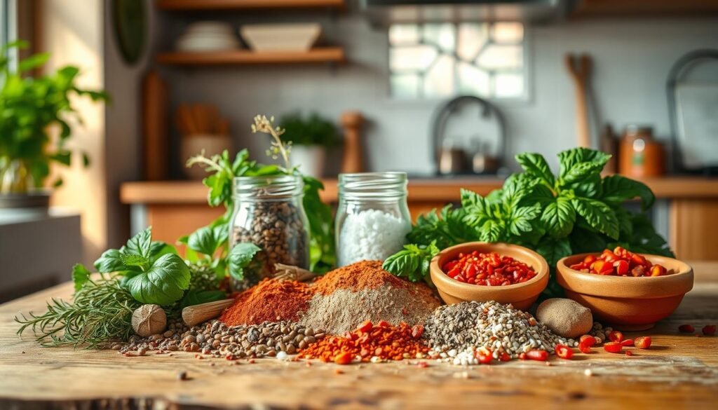 A vibrant still life of Mediterranean herbs and spices arranged on a wooden table in a cozy, minimal kitchen. Foreground features an assortment of whole and ground spices such as oregano, thyme, rosemary, paprika, and cumin, nestled between sprigs of fresh basil, parsley, and mint. Midground showcases a small glass jar filled with sea salt crystals and a terracotta bowl of crushed red pepper flakes. Warm, natural light streams in from a window, casting soft shadows and highlighting the varied textures and earthy tones. The atmosphere is one of rustic simplicity, inviting the viewer to imagine the flavors and aromas of Mediterranean cuisine.