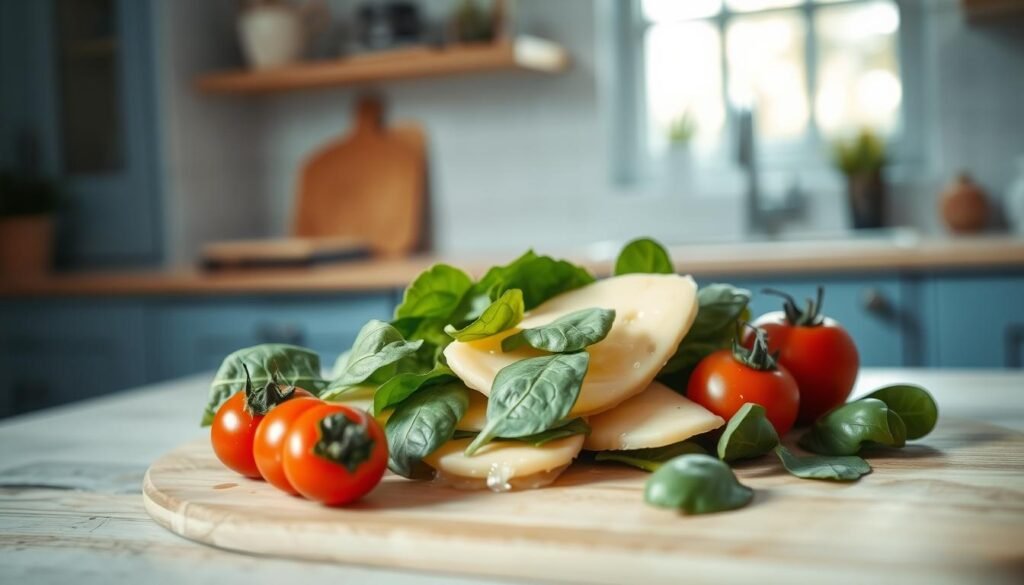 A vibrant still life of fresh spinach leaves, gooey slices of melted cheese, and juicy red tomatoes arranged artfully on a wooden cutting board, set against the serene backdrop of a cozy, minimalist kitchen with light blue accents. Soft, diffused lighting from a nearby window bathes the scene in a warm, inviting glow, highlighting the textures and colors of the ingredients. The composition is balanced and visually appealing, conveying a sense of rustic simplicity and culinary creativity.