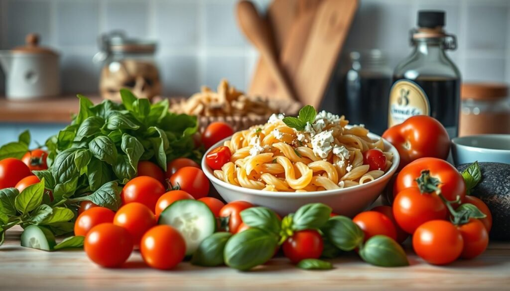 A vibrant still life of freshly prepared pasta salad ingredients, arranged on a wooden kitchen counter with light blue accents. In the foreground, a variety of colorful vegetables – juicy cherry tomatoes, crisp cucumber slices, and fragrant basil leaves. In the middle, a bowl of al dente rotini pasta, a sprinkle of crumbled feta cheese, and a drizzle of olive oil. In the background, a jar of artichoke hearts and a bottle of balsamic vinegar, all bathed in soft, natural lighting that captures the texture and depth of the scene.