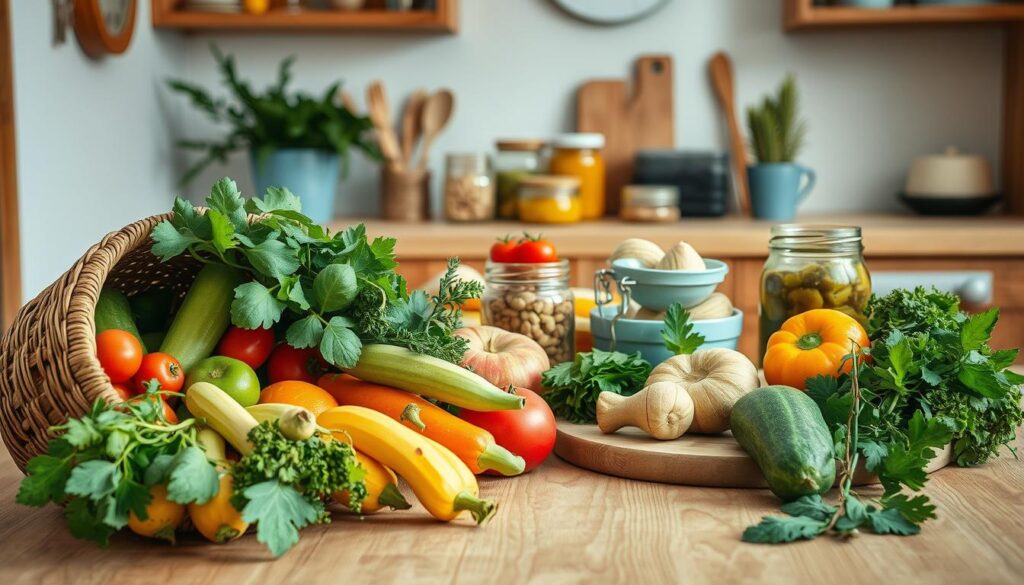 A vibrant still life of seasonal lunch ingredients arranged in a cozy, minimal kitchen with warm wooden textures and light blue accents. In the foreground, a selection of crisp vegetables, juicy fruits, and aromatic herbs spill out from a woven basket. In the middle ground, jars of pickles, nuts, and colorful dips sit atop a simple wooden table. The background features a clean, white wall and understated decor, allowing the fresh, seasonal ingredients to take center stage. Soft, natural lighting casts a gentle glow, emphasizing the textures and vibrant colors. The overall mood is one of simplicity, freshness, and the joys of seasonal eating.