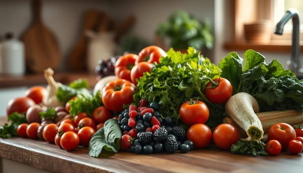 A vibrant still life of seasonal produce arranged on a wooden kitchen counter, the light filtering in through a nearby window. Neatly organized groupings of fresh vegetables and fruits, their colors and textures complementing each other - crisp greens, juicy tomatoes, plump berries, and more. The scene exudes a sense of calm and intentionality, with the ingredients ready to be transformed into a nourishing, home-cooked meal. Soft, natural lighting illuminates the scene, casting gentle shadows and highlighting the organic shapes and forms. The overall atmosphere is one of simplicity, freshness, and the joys of seasonal cooking.
