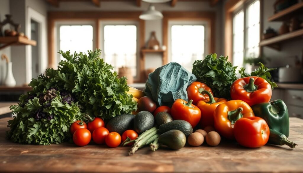 A vibrant still life of seasonal produce for meal prep, captured in a cozy, minimal kitchen. A variety of fresh vegetables and fruits - crisp greens, juicy tomatoes, ripe avocados, and colorful bell peppers - arranged neatly on a rustic wooden table. Soft natural light filters through large windows, casting a warm glow on the scene. The overall mood is one of intentionality and simplicity, inviting the viewer to envision the flavorful, nourishing meals that can be created from these wholesome ingredients.