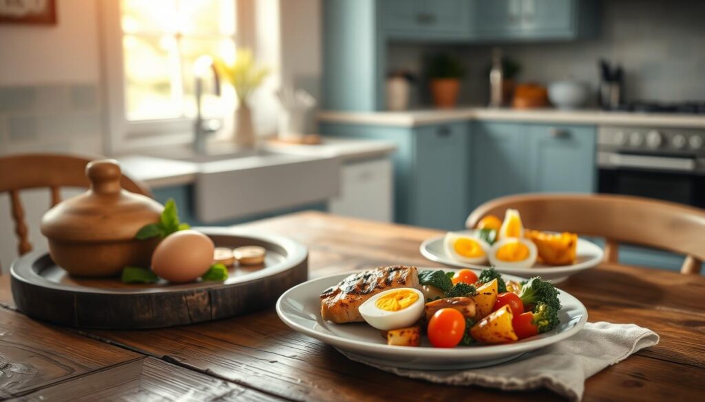 A vibrant still life showcasing the benefits of a high-protein lunch in a cozy, minimal kitchen. On a rustic wooden table, a plate of grilled chicken, hard-boiled eggs, and a side of roasted vegetables comes to life under soft, natural lighting. The light blue accents of the nearby cabinets and countertops create a calming, sophisticated atmosphere, inviting the viewer to savor the nourishing meal. The scene captures the simplicity and power of a high-protein lunch to fuel the body and mind.