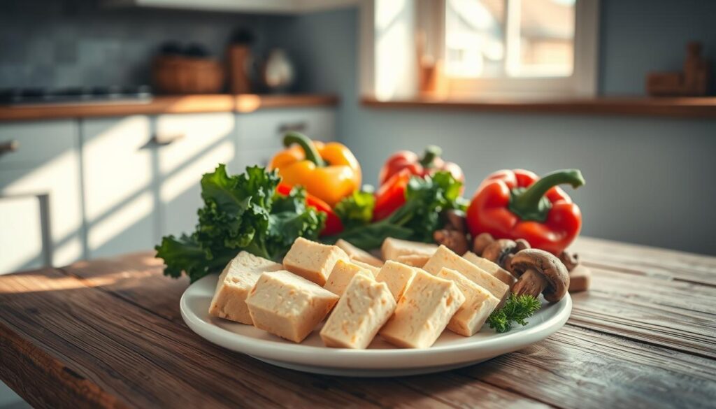 A vibrant still life showcasing the nutritional power of plant-based protein. On a rustic wooden table, a white ceramic plate holds slices of firm, golden tofu, complemented by a scattered arrangement of colorful vegetables - deep green leafy kale, bright red bell peppers, and earthy brown mushrooms. Streams of warm, natural light filter through the window, casting a soft, inviting glow over the scene. The minimal, light blue-accented kitchen provides a cozy, serene backdrop, allowing the nutrient-dense ingredients to take center stage. The composition emphasizes the wholesome, plant-based nature of this high-protein meal, inspiring a sense of nourishment and wellness.