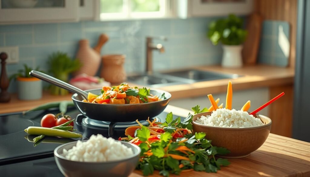 A vibrant stir-fry sizzles on the stovetop, surrounded by a variety of fresh, colorful garnishes. A steaming bowl of jasmine rice sits nearby, ready to be added as a hearty base. The kitchen is bathed in warm, natural light, highlighting the wooden textures and light blue accents that create a cozy, minimalist atmosphere. Crisp vegetables, aromatic herbs, and a drizzle of savory sauce come together to elevate the dish, inviting the viewer to explore the endless flavor possibilities of a well-crafted stir-fry.