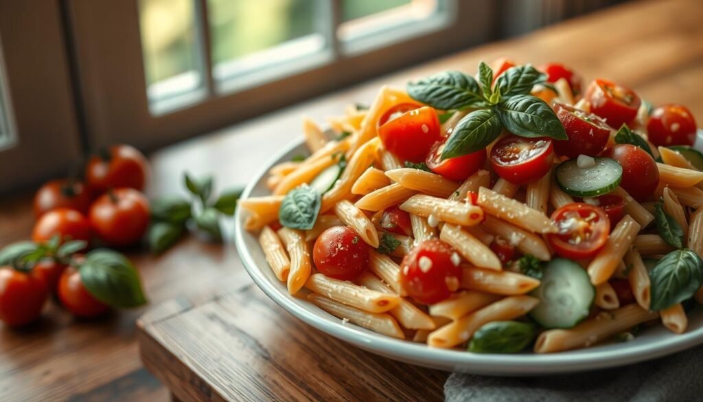 A vibrant summer pasta salad artfully arranged on a wooden table, with penne pasta, vibrant cherry tomatoes, crisp cucumber slices, fragrant basil leaves, and a light, creamy dressing. The composition is balanced, with the pasta, vegetables, and herbs harmoniously intertwined, conveying a sense of freshness and seasonality. Soft, natural lighting from a nearby window casts a warm glow, highlighting the textures and colors of the ingredients. The overall mood is one of simplicity, comfort, and the joyful flavors of the summer season, perfect for a light and satisfying cold lunch.