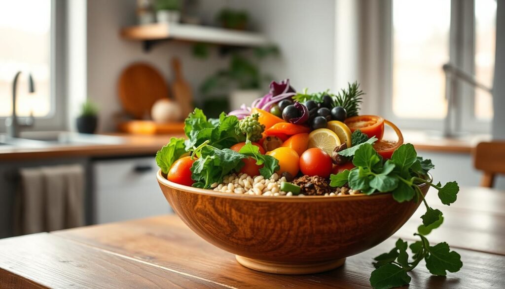 A vibrantly colored buddha bowl filled with an abundance of nutrient-rich ingredients rests on a wooden table in a cozy, minimal kitchen. Crisp greens, vibrant vegetables, and hearty grains create a visually stunning, well-balanced meal. Soft, natural lighting filters in through the kitchen windows, casting a warm glow over the scene. The bowl's contents are arranged with care, showcasing the diverse flavors and textures that come together to form a delicious and nourishing dish. The overall atmosphere is one of simplicity, wellness, and a celebration of the bounty of fresh, wholesome foods.