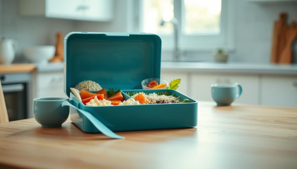 A vibrantly colorful and meticulously arranged bento box, sitting atop a wooden table in a cozy, minimalist kitchen. The box features a variety of portion-controlled, delicately prepared meals, each compartment filled with a different nutritious dish. Soft, natural lighting filters through the window, casting a warm glow on the scene. The box's lid is slightly ajar, revealing the visually appealing layout of the contents. Complementing the bento box are light blue accents, adding a calming, organized aesthetic to the composition.