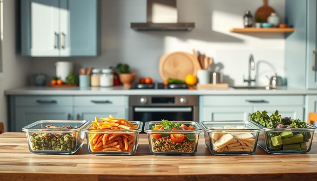 A visually appealing and harmonious kitchen scene featuring a weekly meal prep rotation arrangement. In the foreground, a wooden table displays an assortment of freshly prepared meals in stylish glass containers, each labeled with a day of the week. In the middle ground, the kitchen countertop showcases various colorful ingredients, cooking utensils, and a cutting board, all bathed in warm, natural lighting. The background features minimal, light blue-accented cabinetry and wall decor, creating a calm, organized atmosphere. The overall composition emphasizes the efficiency and visual appeal of a well-planned meal prep routine.