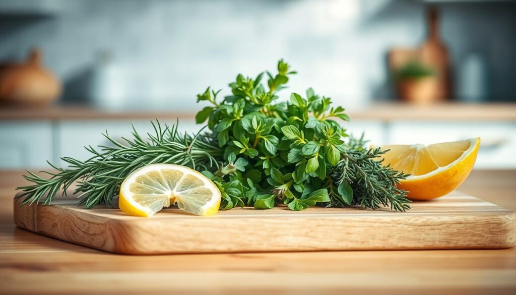 A visually appealing and mouthwatering arrangement of fresh green herbs, including rosemary, thyme, and oregano, meticulously arranged alongside a wedge of lemon on a wooden cutting board. The lighting is soft and natural, casting a warm glow on the scene and highlighting the vibrant colors of the ingredients. The background features a minimalist kitchen with light blue accents, creating a serene and inviting atmosphere that complements the culinary theme.