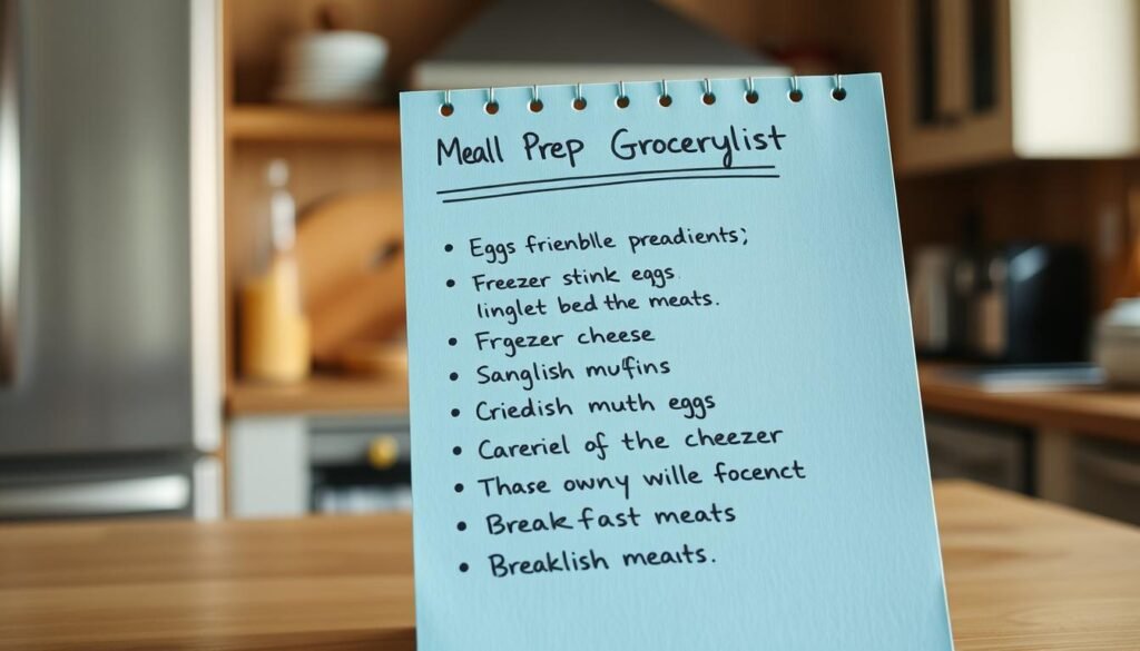 A visually appealing and organized meal prep grocery list, handwritten on a light blue notepad, set against a backdrop of a cozy kitchen with wooden textures. The list neatly details the essential ingredients for creating freezer-friendly breakfast sandwiches, such as eggs, cheese, English muffins, and various breakfast meats. The overall atmosphere is one of efficiency and practicality, with a touch of warmth and simplicity, conveying the idea of streamlined meal preparation.