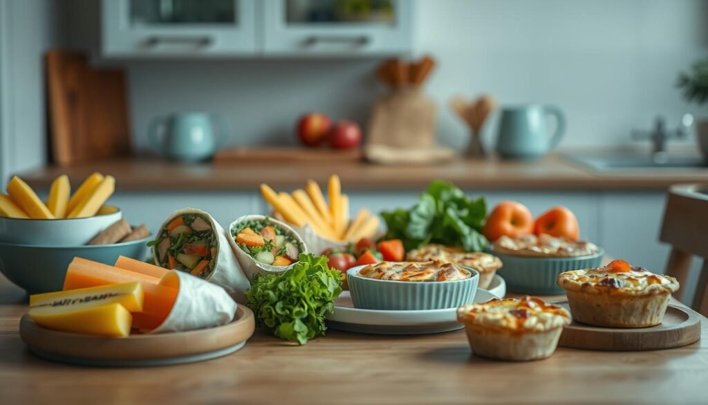 A visually appealing arrangement of an assortment of crowd-pleasing lunch options, including colorful fresh fruit, vibrant veggie wraps, and tempting individual quiches, all presented on a wooden table with light blue ceramic accents, in a cozy, minimal kitchen setting. The lighting is soft and natural, highlighting the textures and colors of the delectable dishes. The overall mood is one of wholesome, homemade appeal, making it an enticing and inviting scene for both kids and adults.