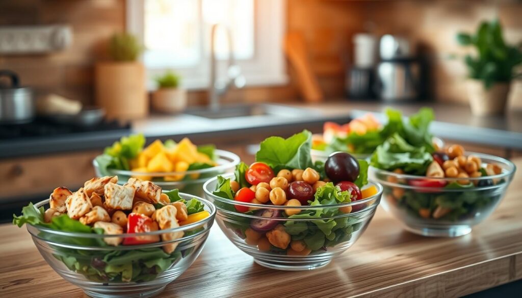 A visually appealing arrangement of freshly prepared, vibrant salad bowls sits atop a wooden kitchen counter. The bowls are filled with an assortment of crisp greens, colorful vegetables, and a variety of lean protein sources, such as grilled chicken or roasted chickpeas. The lighting is soft and natural, casting a warm glow on the scene. The overall atmosphere is one of simplicity, health, and attention to detail, perfectly capturing the essence of a delicious and nutritious meal prep routine.