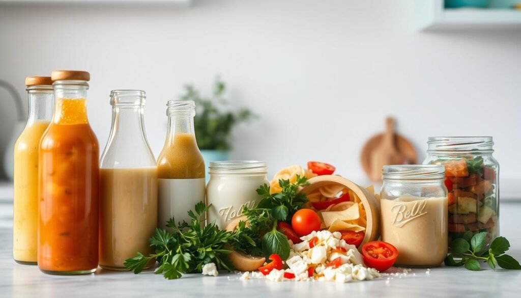 A visually appealing arrangement of pasta salad dressings and accompaniments set against a minimalist kitchen backdrop. In the foreground, glass bottles and jars filled with vibrant vinaigrettes, creamy ranch, and zesty Italian dressings take center stage, their contents casting soft shadows. The middle ground features an array of fresh herbs, diced vegetables, and crumbled feta cheese, hinting at the flavorful ingredients that can be mixed into the pasta salad. In the background, a plain white wall with light blue accents provides a clean, calming canvas, allowing the colors and textures of the food to shine. The overall mood is one of fresh, effortless elegance, perfectly capturing the essence of "Refreshing Pasta Salad Inspirations."