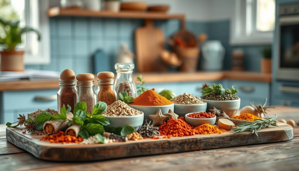 A visually appealing arrangement of various global spice blends, including cumin, coriander, chili powder, paprika, turmeric, and aromatic herbs, presented on a rustic wooden surface in a cozy, minimalist kitchen setting with light blue accents. The spices are neatly organized, creating a harmonious and inviting composition that evokes the warming flavors and aromas of international cuisine. Softly diffused lighting casts subtle shadows, highlighting the textural quality of the spices and the natural wooden tones. The overall mood is one of culinary inspiration and a celebration of diverse global culinary traditions.