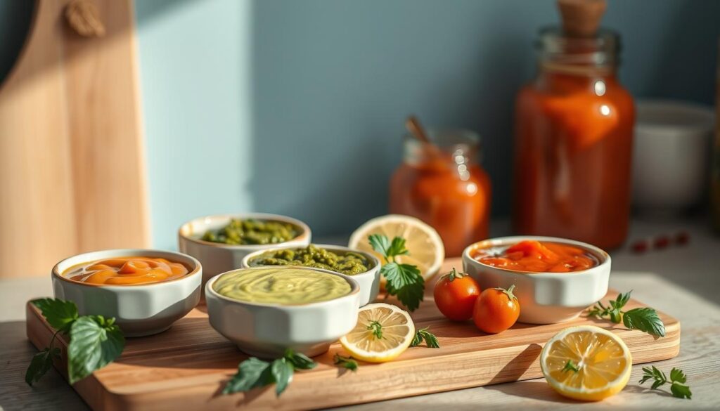 A visually appealing arrangement of various low-carb sauce options, including a creamy avocado sauce, a zesty pesto, and a rich tomato-based sauce, displayed on a wooden cutting board against a light blue backdrop. The sauces are presented in small ceramic dishes, with fresh herbs and citrus slices adding pops of color and aroma. The lighting is soft and natural, creating a warm, welcoming atmosphere in the cozy, minimalist kitchen setting.