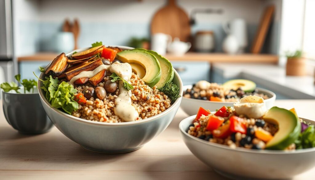 A visually appealing array of grain bowls filled with nutritious ingredients like quinoa, roasted vegetables, avocado, and a drizzle of tahini dressing, set against the backdrop of a cozy, minimalist kitchen with warm wooden textures and light blue accents. The bowls are arranged in an inviting manner, showcasing the vibrant colors and textures of the healthy, balanced meal. Soft, natural lighting illuminates the scene, creating a calm and appetizing atmosphere.