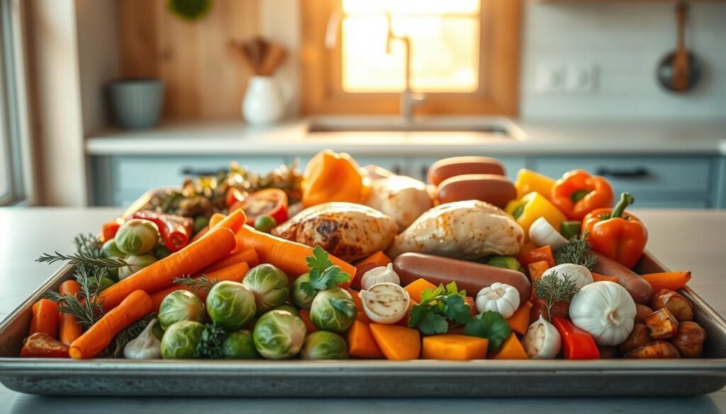 A visually appealing array of seasonal ingredients arranged on a large sheet pan, bathed in warm, natural light filtering through a nearby window. In the foreground, vibrant vegetables like Brussels sprouts, carrots, and bell peppers sit alongside fragrant herbs, garlic, and shallots. In the middle ground, tender chicken thighs and sausages create a hearty protein foundation. The background features a minimal, cozy kitchen with wooden textures, light blue accents, and no visible hands, allowing the focus to remain on the bountiful ingredients.
