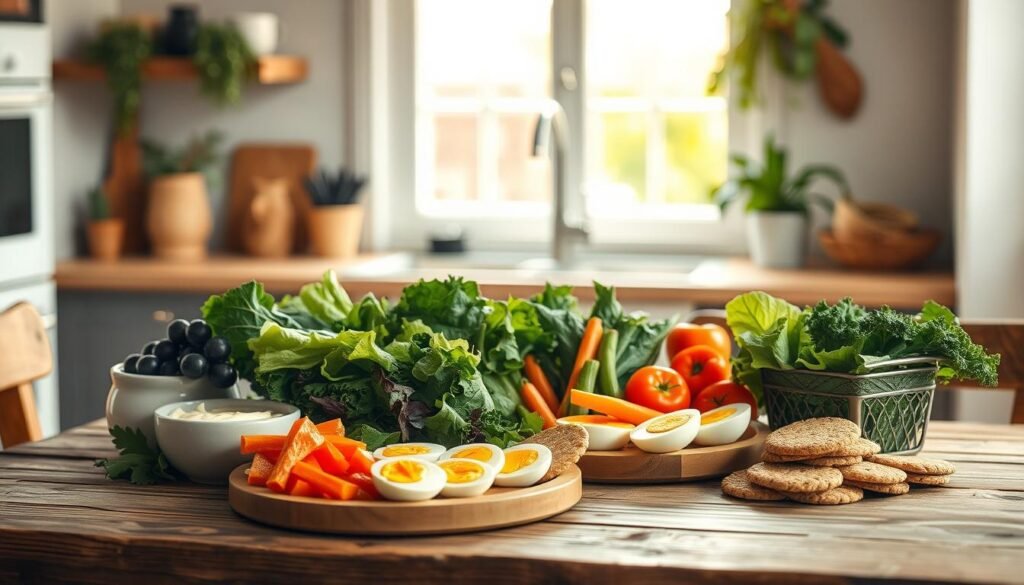 A visually appealing assortment of nutritious and balanced lunch options arranged on a rustic wooden table in a cozy, minimal kitchen. A variety of fresh, colorful ingredients including leafy greens, crunchy vegetables, creamy hummus, protein-rich boiled eggs, and whole grain crackers. Warm, soft lighting from a nearby window casts a gentle glow, highlighting the natural textures and vibrant hues. The scene exudes a sense of wholesome simplicity and mindful nourishment.