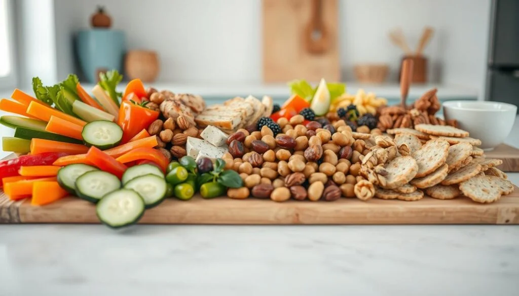 A visually appealing charcuterie board featuring an assortment of dietary-friendly options. In the foreground, an arrangement of sliced fresh vegetables, such as cucumbers, carrots, and bell peppers, alongside a selection of protein-rich items like grilled chicken, roasted chickpeas, and plant-based cheese alternatives. In the middle, a variety of nuts, dried fruits, and whole-grain crackers provide a balance of textures and flavors. The background showcases a wooden cutting board or tray, set against a minimalist kitchen with light blue accents, creating a cozy and inviting atmosphere. The lighting is soft and natural, capturing the vibrant colors and delicate details of the charcuterie components.
