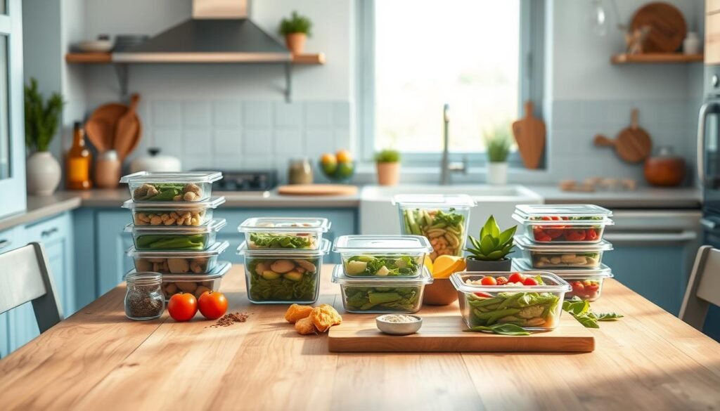 A visually appealing kitchen interior with a wooden table, light blue accents, and a variety of healthy meal prep containers displayed neatly. The scene conveys the benefits of meal prepping - organization, portion control, and nutrition optimization. Soft, natural lighting illuminates the scene, creating a warm and inviting atmosphere. The table is adorned with fresh produce, spices, and other cooking essentials, suggesting the versatility and customization possible with meal prep. The overall composition emphasizes the ease and efficiency of maintaining a healthy lifestyle through mindful meal preparation.