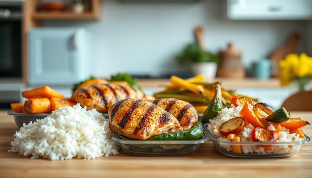 A visually appealing meal prep arrangement of juicy grilled chicken breasts, fluffy white rice, and vibrant roasted vegetables, set against a backdrop of a cozy, minimalist kitchen with natural wooden textures and light blue accents. The lighting is soft and evenly distributed, creating a warm, inviting atmosphere. The camera angle is slightly elevated, capturing the various components in an organized, appetizing display, without any visible hands or distracting elements. The overall composition conveys the simplicity and practicality of batch cooking for efficient meal preparation.