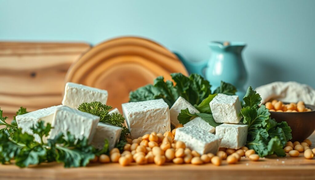 A visually appealing, minimalist still life featuring an assortment of plant-based protein sources and tofu. Set against a backdrop of warm, wooden textures and light blue accents, the scene exudes a sense of nourishment and wellness. In the foreground, artfully arranged tofu blocks in various shapes and sizes are complemented by an array of vibrant, fresh greens, perhaps kale or spinach. The middle ground showcases a selection of protein-rich legumes, such as chickpeas or lentils, scattered tastefully. Soft, diffused lighting illuminates the scene, casting gentle shadows and highlighting the natural textures and colors. The composition strikes a balance between simplicity and visual interest, inviting the viewer to appreciate the versatility and nutritional value of these plant-based ingredients.