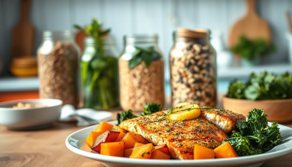 A visually appealing, nutrient-dense dinner meal featuring a colorful arrangement of freshly prepared ingredients. In the foreground, a plate showcases a hearty serving of roasted sweet potatoes, sautéed kale, and grilled salmon fillets, drizzled with a zesty lemon-herb dressing. In the middle ground, glass jars brimming with lentils, quinoa, and assorted fresh herbs accent the scene. The background features a clean, minimal kitchen with wooden textures and light blue accents, creating a cozy, calming atmosphere. The image is captured in soft, natural lighting, highlighting the vibrant hues and textures of the nutrient-rich meal.