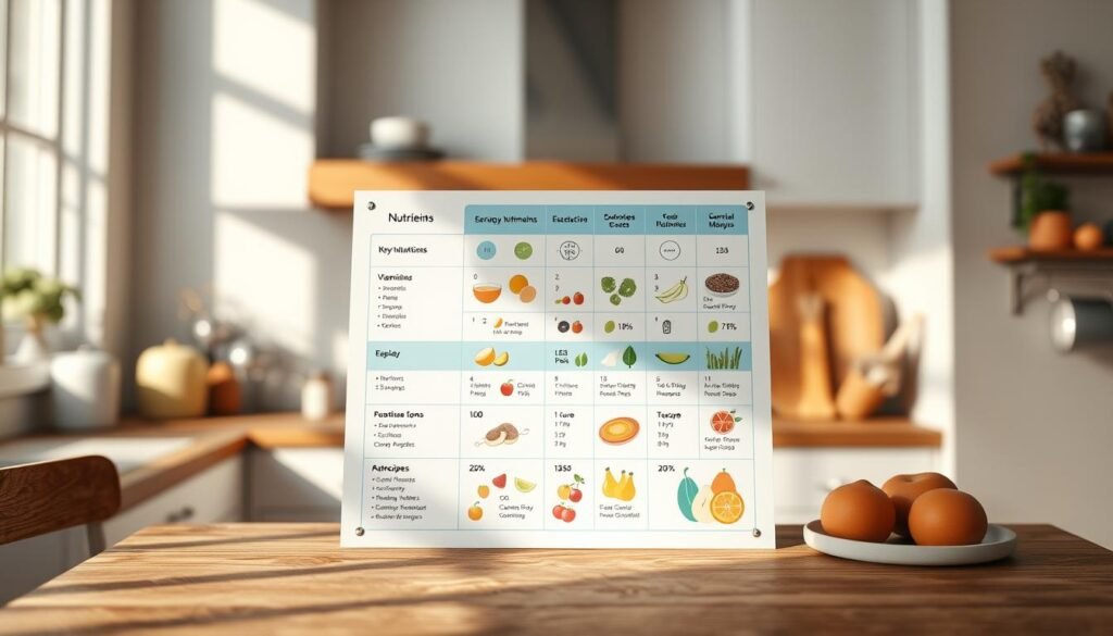 A visually appealing nutritional analysis chart showcasing key nutrients, presented against a backdrop of a cozy, minimalist kitchen setting. The chart features clean, easy-to-read graphics and icons, highlighting essential vitamins, minerals, and macronutrients. The warm, natural lighting accentuates the wooden textures and light blue accents, creating a calming, informative atmosphere. The layout is organized and uncluttered, allowing the viewer to focus on the crucial nutritional information relevant to the 