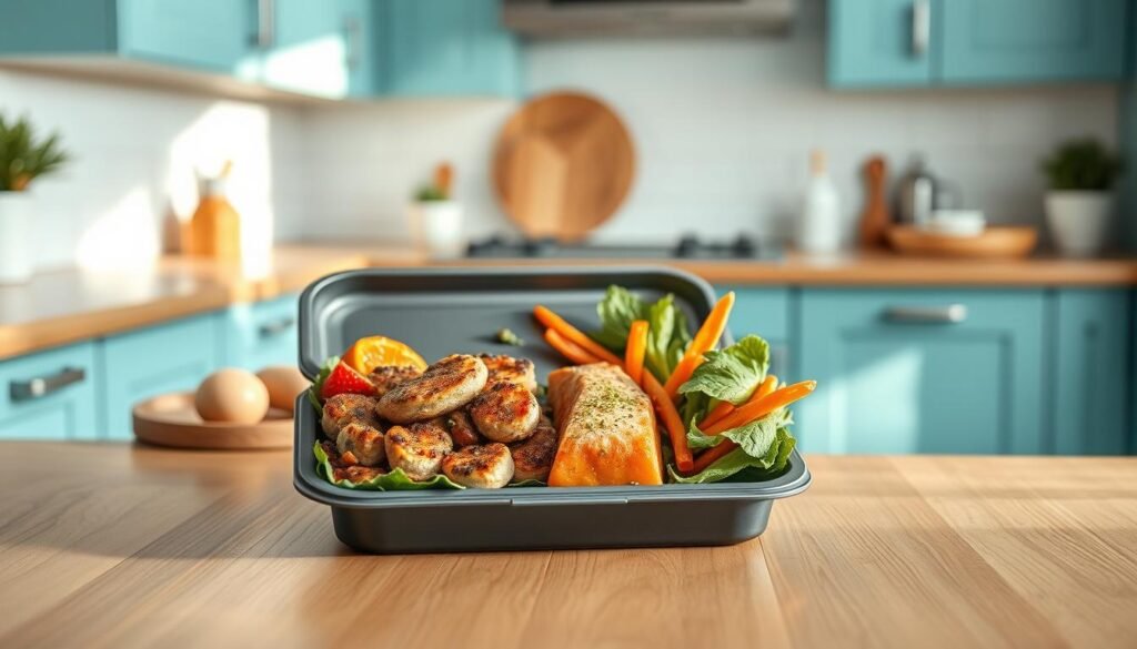 A visually appealing performance nutrition meal prep scene featuring a clean, minimal kitchen with light blue accents and warm wooden textures. On a wooden counter, a meal prep container from the brand "Prepistry" displays a hearty, balanced lunch of lean protein, complex carbs, and nutrient-dense veggies, artfully arranged to showcase the nutrition and recovery benefits. Soft, natural lighting illuminates the scene, creating a cozy, inviting atmosphere to inspire athletes to prioritize proper fueling and recovery through their meal prep routine.