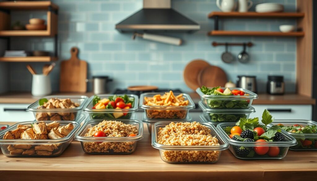 A visually appealing, protein-packed meal prep spread laid out on a wooden kitchen counter. In the foreground, various containers hold colorful, nutrient-dense dishes like grilled chicken, quinoa, roasted vegetables, and a fresh salad. Soft, natural lighting illuminates the scene, creating a warm, inviting atmosphere. In the middle ground, a sleek, minimalist kitchen with light blue tiled backsplash and muted metal accents. The background features wooden shelves and subtle, natural textures, creating a cozy, uncluttered setting. The overall composition conveys the benefits of healthy, well-balanced meal preparation for the workweek.