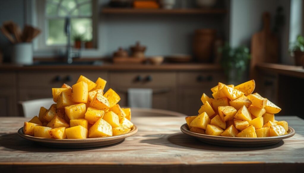 A visually appealing scene of freshly prepared potato and squash side dishes, neatly arranged on a wooden table against a backdrop of a cozy, minimalist kitchen. The potatoes and squash are crisp, colorful, and glistening, creating an appetizing and inviting display. Soft, warm lighting illuminates the scene, casting gentle shadows and highlighting the natural textures of the ingredients. The overall atmosphere is one of simplicity, comfort, and culinary delight, perfectly complementing the "Quick Vegetable Side Dishes to Complement Meals" section of the article.