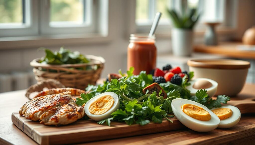 A visually appealing scene of high-protein, energy-boosting meals presented in a minimalist, inviting kitchen setting. In the foreground, various nutritious ingredients like grilled chicken, avocado, boiled eggs, and leafy greens are artfully arranged on a wooden cutting board. The middle ground features a glass jar filled with a vibrant smoothie, accompanied by a bowl of fresh berries. Soft, natural lighting from the windows casts a warm glow, highlighting the earthy, calming color palette of blue, green, and wood tones. The overall atmosphere conveys a sense of wellness, balance, and the power of simple, high-protein culinary delights to fuel the body and mind.