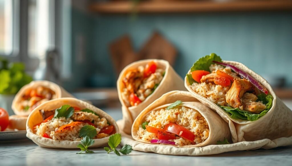 A visually appealing spread of Asian Middle Eastern lunch wraps, carefully assembled in a cozy, minimal kitchen with light blue accents and wooden textures. The wraps feature a vibrant medley of ingredients - tender grilled chicken, fragrant basmati rice, crisp vegetables, and aromatic spices, all wrapped in soft, pillowy flatbreads. The lighting is warm and natural, creating a inviting, homemade atmosphere. The camera captures the wraps from a slightly elevated angle, showcasing their delicious contents and the overall visual harmony of the scene.