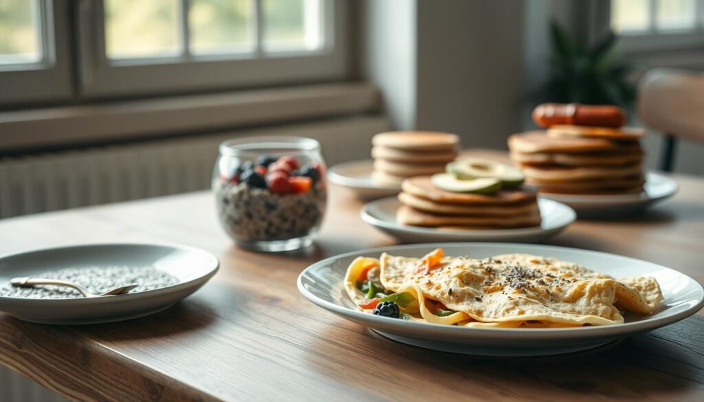 A visually appealing spread of protein-rich breakfast dishes on a wooden table, illuminated by soft, natural lighting from large windows. In the foreground, a plate showcases a fluffy omelet filled with fresh vegetables and lean protein. In the middle ground, a bowl of overnight oats with chia seeds, berries, and a drizzle of honey. Further back, a stack of whole-grain pancakes with a side of turkey sausage and sliced avocado. The overall atmosphere is clean, minimalist, and inviting, capturing the essence of a well-balanced, low-sugar breakfast.