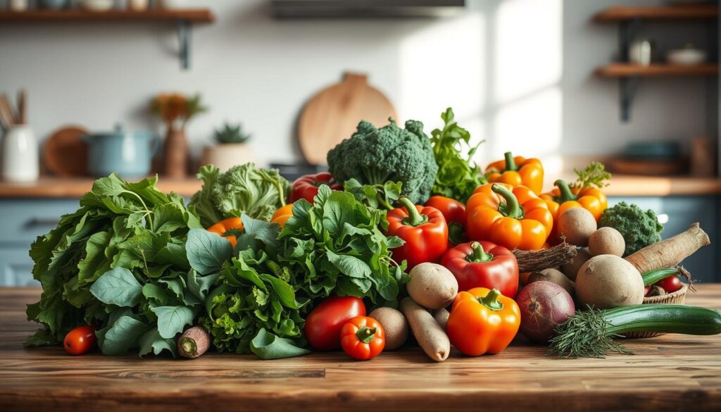 A visually appealing still life on a rustic wooden table showcasing the seasonal produce for a nourishing meal prep. An array of vibrant vegetables, such as crisp leafy greens, vibrant bell peppers, and earthy root vegetables, are thoughtfully arranged against a backdrop of warm lighting and muted colors. The minimalist kitchen setting with light blue accents creates a calming, inviting atmosphere, allowing the fresh ingredients to take center stage. The composition captures the essence of embracing nature's bounty throughout the year, inspiring creativity and a balanced, seasonal approach to meal planning.