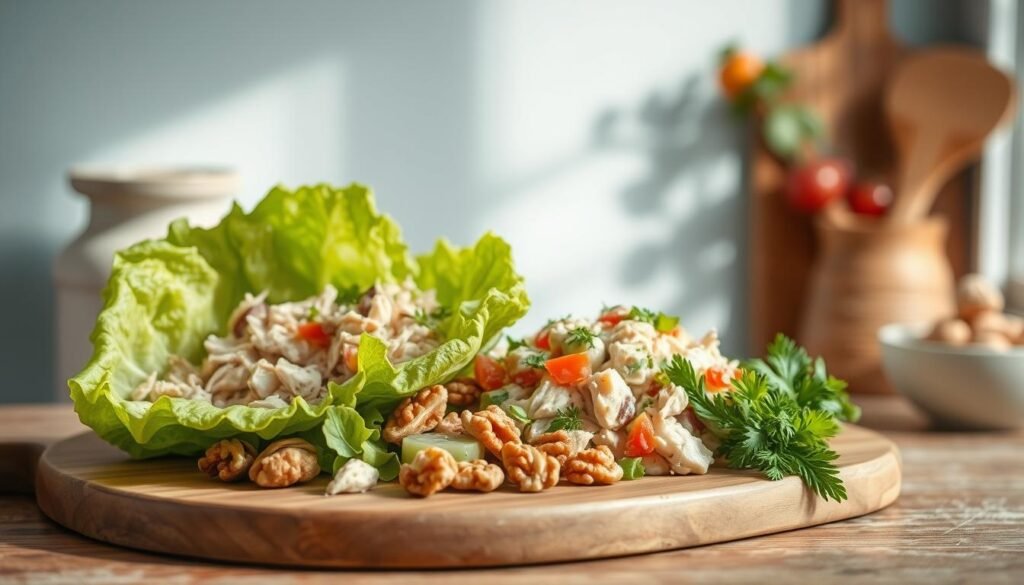 A visually appealing still life showcasing a delightful assortment of chicken salad variations in a cozy, minimalist kitchen setting. The scene features an array of colorful ingredients, such as shredded chicken, crisp lettuce leaves, juicy grapes, crunchy walnuts, and vibrant herbs, elegantly arranged on a wooden cutting board. Soft, natural lighting illuminates the scene, casting gentle shadows and highlighting the textures and colors of the fresh, wholesome ingredients. The background features a light blue accent wall, adding a calming, contemporary touch to the composition. The overall mood is one of simple, rustic sophistication, inviting the viewer to imagine the delicious and nutritious no-heat lunchbox meals that can be crafted from this versatile chicken salad.