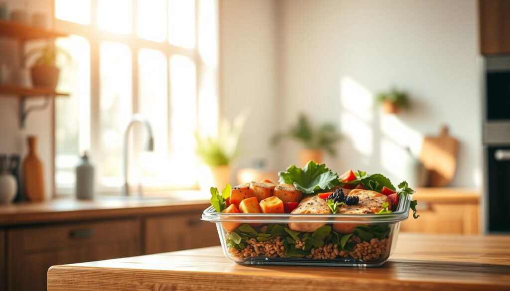 A visually appealing, sun-dappled kitchen interior with a clean, modern aesthetic. On a wooden kitchen counter, an expertly arranged meal prep container displays a balanced, nutrient-dense meal - grilled salmon, roasted vegetables, whole grains, and a fresh green salad. The natural light filtering through large windows casts a warm, inviting glow across the scene, highlighting the vibrant colors and textures of the homemade meal. The overall mood is one of health, wellness, and the joys of home-cooked, thoughtfully prepared food.