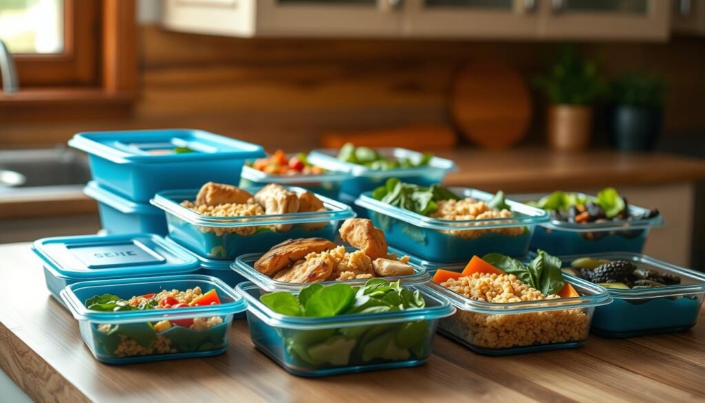 A visually appetizing arrangement of protein-packed meal prep containers rests on a wooden kitchen counter. The containers, in various shades of blue, are filled with an assortment of nutritious ingredients - grilled chicken, quinoa, roasted vegetables, and fresh greens. Soft, natural lighting from a nearby window casts a warm glow over the scene, highlighting the vibrant colors and textures. The minimal, cozy kitchen setting with its wooden accents provides a welcoming backdrop, encouraging the viewer to envision the benefits of a protein-rich, balanced lunch. A sense of organization and thoughtfulness emanates from the carefully curated display, inspiring the viewer to prioritize their own healthy meal preparation.