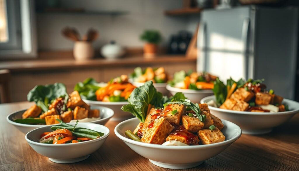 A visually appetizing array of Asian-inspired tofu bowls, elegantly arranged on a wooden table in a cozy, minimal kitchen. The tofu is golden-brown, complemented by vibrant vegetables like bok choy, carrots, and snow peas. Drizzles of a savory sauce and sprinklings of sesame seeds and scallions add depth of flavor. Warm, diffused lighting casts a soft glow, emphasizing the dish's healthy, plant-based appeal. The overall scene exudes a sense of balanced nutrition and culinary harmony, perfect for a nutritious meal prep.