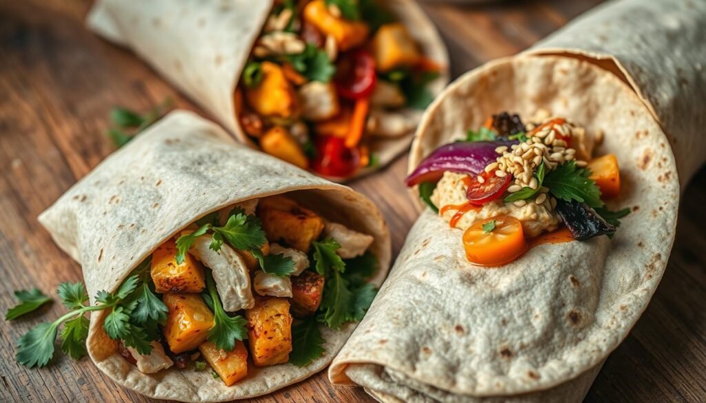 A visually appetizing spread of artfully arranged wrap creations lies on a wooden table, showcasing a harmonious blend of vibrant colors and textures. Freshly baked wholegrain tortillas envelop a delectable array of high-protein fillings, such as grilled chicken, roasted vegetables, and creamy hummus. Garnished with fresh herbs, tangy sauces, and a sprinkling of toasted seeds, the wraps exude an inviting, rustic aesthetic. The scene is bathed in soft, natural lighting, casting warm hues and gentle shadows that accentuate the handcrafted quality of the dishes. The overall composition evokes a sense of culinary creativity and wholesome, nourishing deliciousness, perfectly complementing the "Delicious Wrap Recipes for Every Palate" section of the article.
