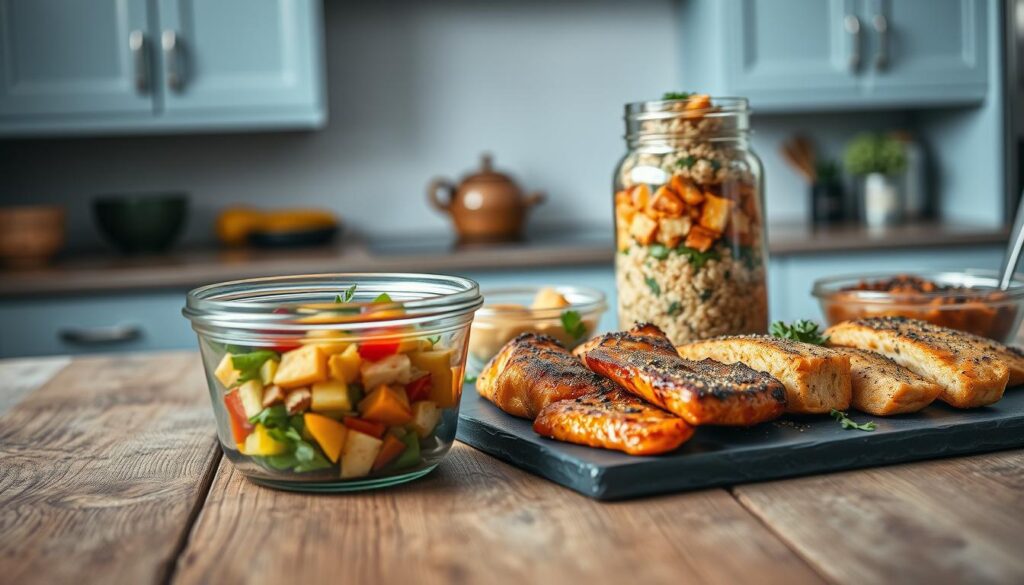 A visually appetizing spread of nourishing lunch meal prep ideas, artfully arranged on a rustic wooden table. In the foreground, a glass container filled with a colorful salad, its vibrant greens and diced vegetables glistening under soft natural lighting. Alongside, a mason jar bursting with a hearty grain bowl, its layers of fluffy quinoa, roasted sweet potatoes, and fresh herbs inviting the viewer to savor its flavors. In the middle ground, a slate platter showcases a variety of protein-packed options, from marinated chicken skewers to roasted salmon fillets, each seasoned to perfection. The background features a minimalist kitchen setting, with light blue cabinetry and subtle metallic accents, creating a cozy, inviting atmosphere for this flavor-packed meal prep showcase.