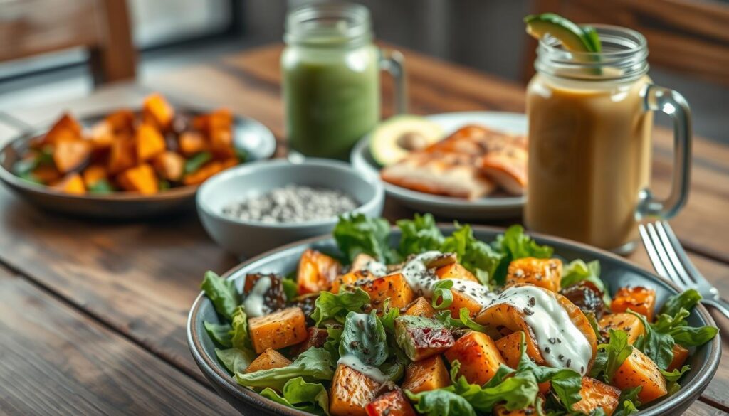 A visually appetizing spread of paleo lunch dishes on a wooden table, with a cozy, rustic ambiance. In the foreground, a hearty paleo salad with fresh greens, roasted vegetables, and a creamy dressing. In the middle ground, a plate of grilled salmon filets seasoned with herbs, alongside a small bowl of roasted sweet potato cubes. In the background, a mason jar filled with a vibrant paleo-friendly smoothie, complemented by a few sliced avocado and a sprinkle of chia seeds. The lighting is soft and natural, highlighting the textures and colors of the fresh, wholesome ingredients. The scene conveys a sense of simplicity and nourishment, perfect for a satisfying paleo-inspired office lunch.