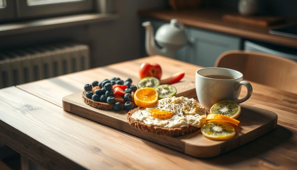 A visually balanced and nutrient-rich breakfast laid out on a wooden table in a cozy, minimal kitchen. Vibrant fruits like blueberries, kiwi, and orange slices, alongside a whole grain toast, scrambled eggs, and a cup of herbal tea. Warm, natural lighting from a nearby window casts a soft glow, highlighting the textures of the food and the wooden table surface. The overall mood is one of simplicity, health, and mindfulness. No hand is present, allowing the viewer to focus solely on the carefully curated meal.