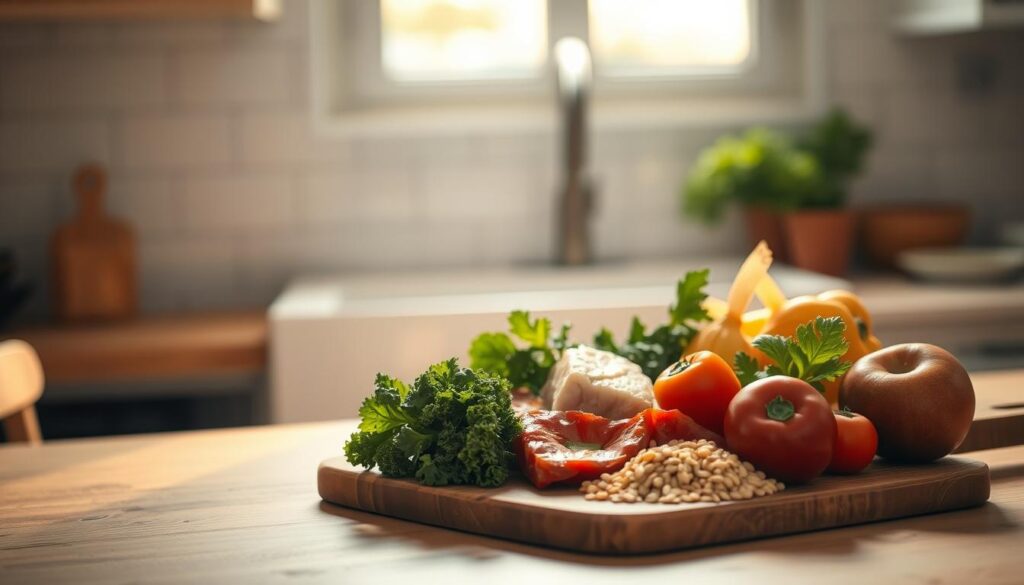 A visually balanced arrangement of wholesome meal components set against a cozy, minimal kitchen backdrop. In the foreground, a wooden cutting board hosts a selection of fresh vegetables, lean protein, and whole grains, artfully arranged to create a harmonious composition. Warm, gentle lighting from a window floods the scene, casting soft shadows and highlighting the natural textures. In the middle ground, a simple white ceramic plate stands ready to receive the freshly prepared meal. The overall mood is one of simplicity, mindfulness, and a commitment to nourishing, well-rounded nutrition.
