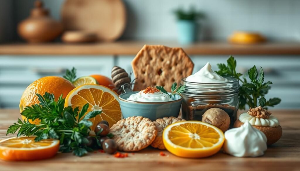 A visually captivating still life arrangement showcasing an array of creative flavor combinations. In the foreground, a selection of vibrant, juxtaposed ingredients - perhaps a citrus slice, a sprig of fresh herbs, a drizzle of honey, and a pinch of spice. The middle ground features a variety of complementary textures, such as a crisp cracker, a smooth nut butter, and a dollop of creamy yogurt. The background subtly hints at the cozy, minimal kitchen setting with its wooden surfaces and light blue accents, creating a sense of warmth and simplicity. The lighting is soft and natural, highlighting the colors and shapes of the ingredients in a visually appealing, appetizing manner. This image captures the essence of "Mixing It Up: Creative Flavor Combinations" with a thoughtful, visually striking composition. Prompt