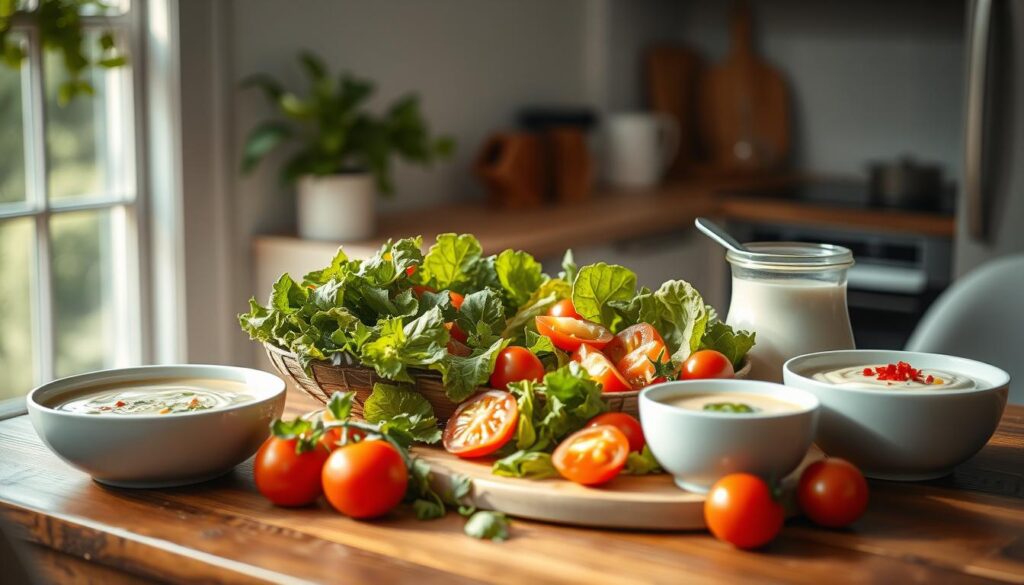 A visually enticing arrangement of crisp, fresh summer salads and chilled, creamy soups rests on a wooden table in a cozy, minimalist kitchen. Vibrant greens, vibrant tomatoes, and cool blues and whites create a refreshing, seasonal display, lit by soft natural light filtering through a nearby window. The scene conveys a sense of light, wholesome, and rejuvenating fare, perfect for a warm weather lunch.