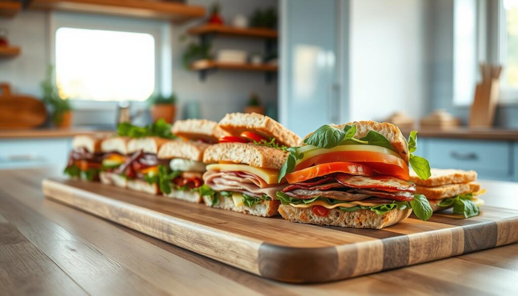 A visually enticing collection of gourmet sandwich combinations arranged artfully on a wooden cutting board, showcasing an array of fresh ingredients like cured meats, artisanal cheeses, vibrant veggies, and flavorful spreads. The sandwiches are captured in a warm, inviting light, highlighting their textures and vibrant colors against the backdrop of a cozy, minimalist kitchen with light blue accents and natural wooden surfaces. The overall composition exudes a sense of culinary creativity and elevated, yet approachable, sophistication.