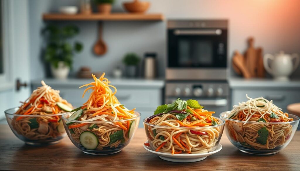 A visually striking and appetizing display of Asian cold noodle salads, artfully composed on a wooden table against a backdrop of a cozy, minimalist kitchen. An array of fresh, colorful ingredients - such as sliced carrots, cucumber, bean sprouts, and shredded chicken or tofu - are tossed with al dente noodles and coated in a tantalizing, umami-rich dressing. Soft natural light filters in, casting a warm glow and accentuating the vibrant hues. The scene exudes a sense of balance, simplicity, and culinary mastery, inviting the viewer to savor the bold flavors and textures of these delightful Asian-inspired cold lunch offerings.